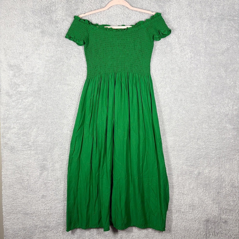 Bardot Cindy‎ Smocked Off Shoulder Midi Dress Size 8 Kelly Green Lightweight - Picture 2 of 9